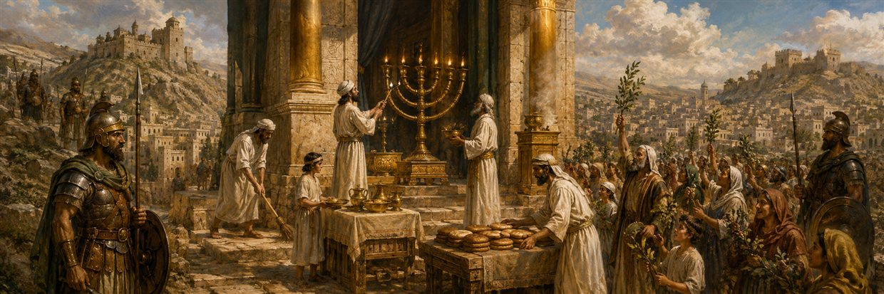 Priests rekindle the temple lampstand as families celebrate the dedication and defenders guard the restored city